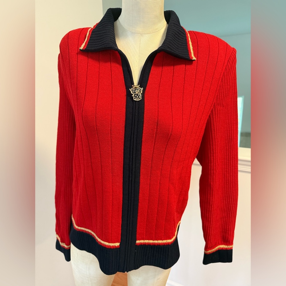 St. John Red and Navy Ribbed Cardigan -10